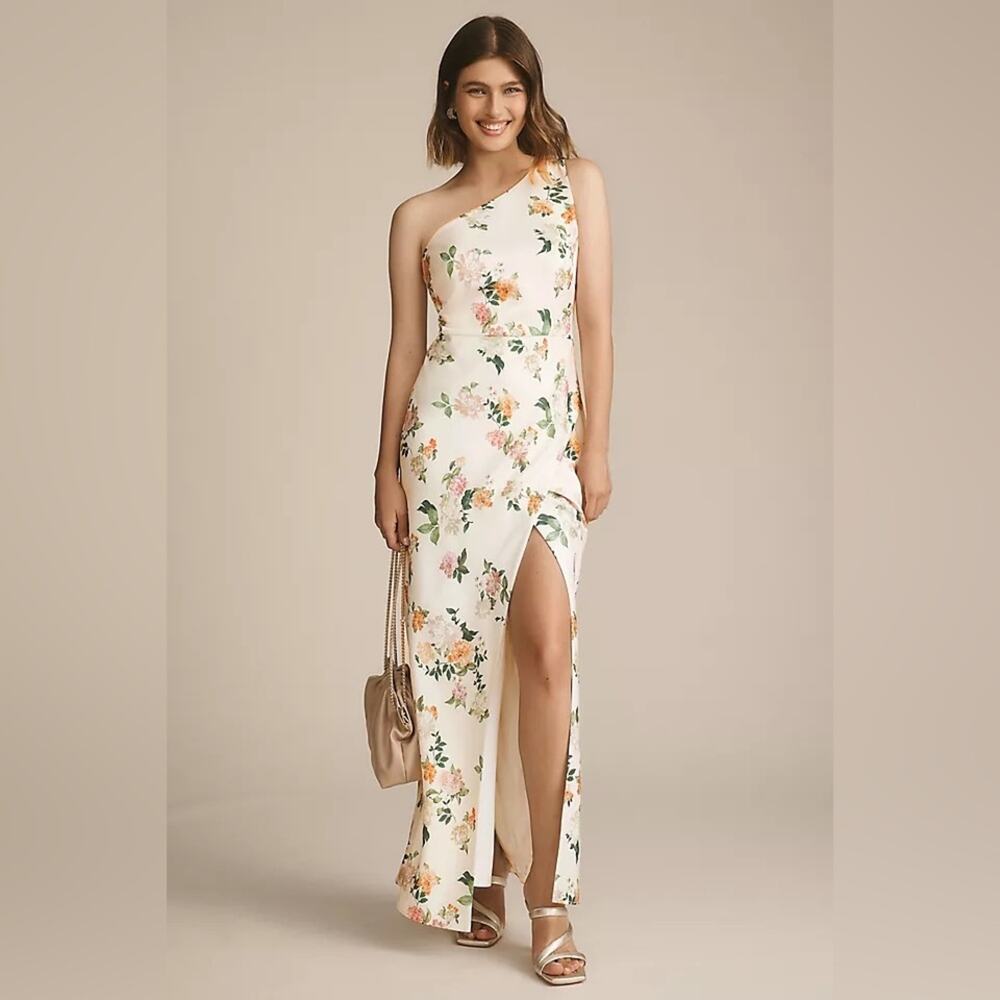 BHLDN Anthropologie Dylan Printed One-Shoulder Satin Side-Slit Gown 0